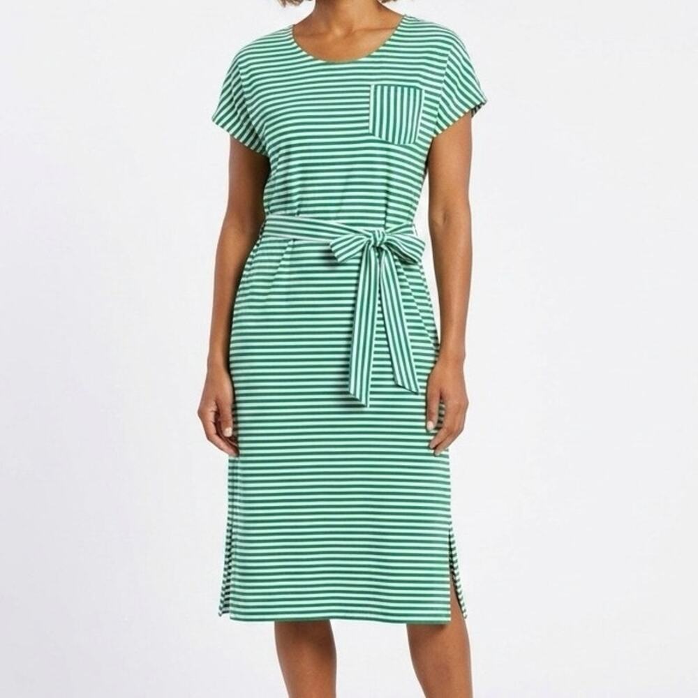 Lands' End Green White Striped Jersey Knit Midi T-Shirt Dress Belted M 10-12